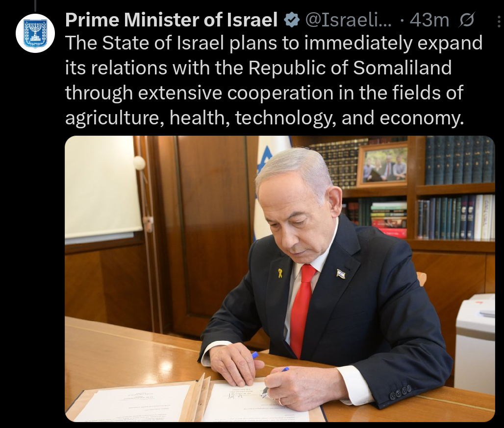 رئيس وزراء العدو نتنياهو يعلن الاعتراف بأرض الصومال ورفض عربي إسلامي وأفريقي