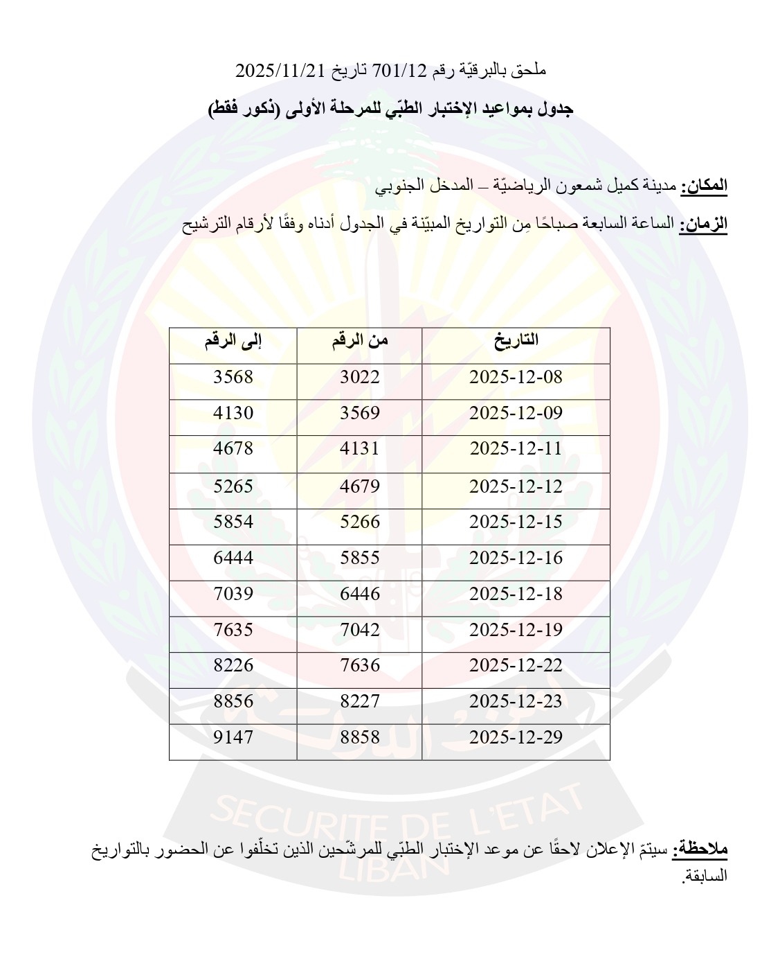 ‏أمن الدولة يُعلن استكمال مواعيد الإختبار الطبي للمرحلة الأولى
